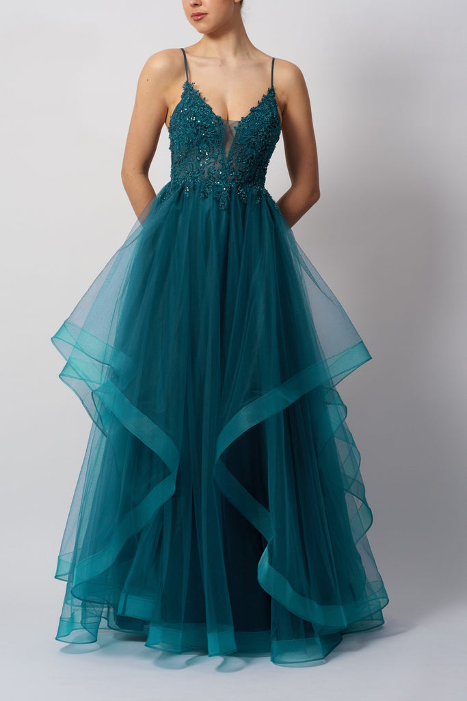 Elegant teal tulle gown with floral lace bodice by Mascara London.