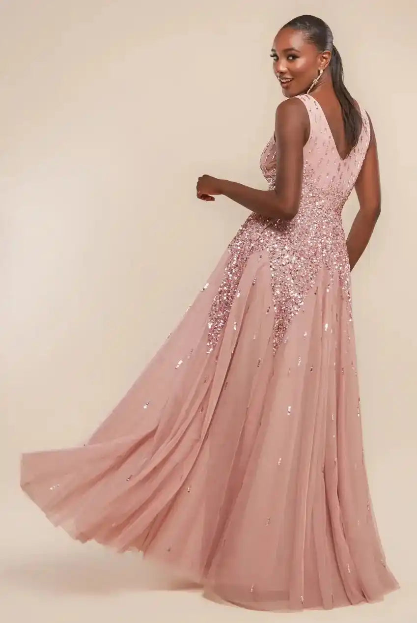 Goddiva Sequin Ombre Maxi Dress in blush pink with sleeveless A-line silhouette and flowing tulle skirt, ideal for evening or formal occasions.