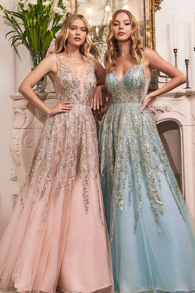 Ladivine Ombre Shimmer Ball Gown C135 in blush and blue with glittering bead embellishments, plunging neckline, and layered tulle skirt. Perfect for prom, gala, or red carpet events.