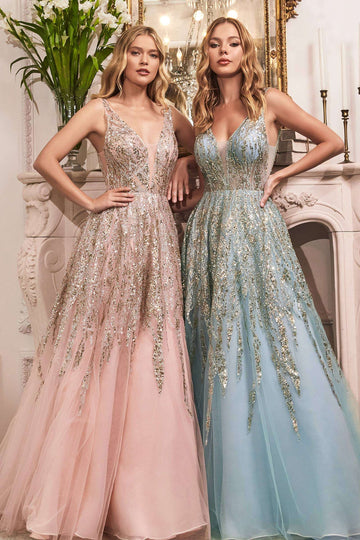 Ladivine Ombre Shimmer Ball Gown C135 in blush and blue with glittering bead embellishments, plunging neckline, and layered tulle skirt. Perfect for prom, gala, or red carpet events.