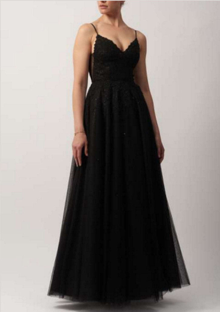 Mascara Ballgown - Steele Tulle Dress 2025 features a deep V-back and full glitter tulle skirt, ideal for prom or black tie events.