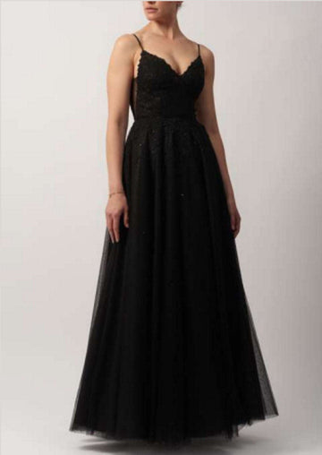 Mascara Ballgown - Steele Tulle Dress 2025 features a deep V-back and full glitter tulle skirt, ideal for prom or black tie events.