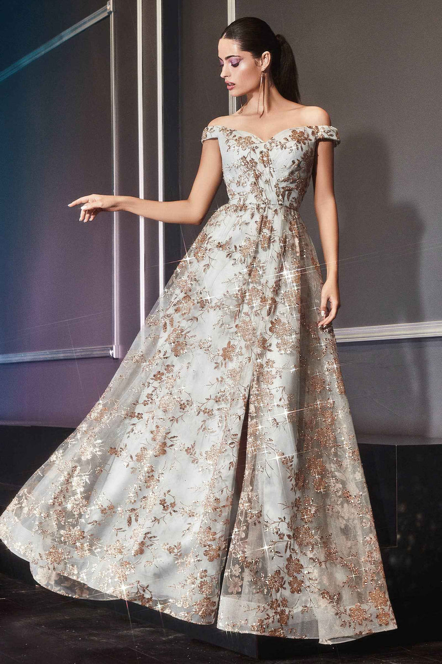 Ladivine CB069 off shoulder floral ball gown dress in gold-mist with sweetheart neckline and front slit, perfect for weddings or formal events.