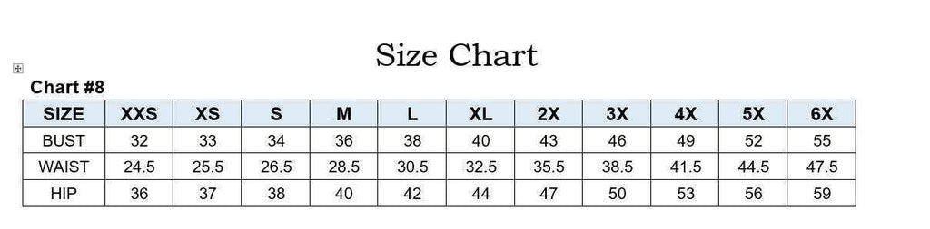Size chart for FITTED SATIN GOWN WITH EMBELLISHED BODICE - Robin Blue - CD0176, showing bust, waist, and hip measurements from XXS to 6X.