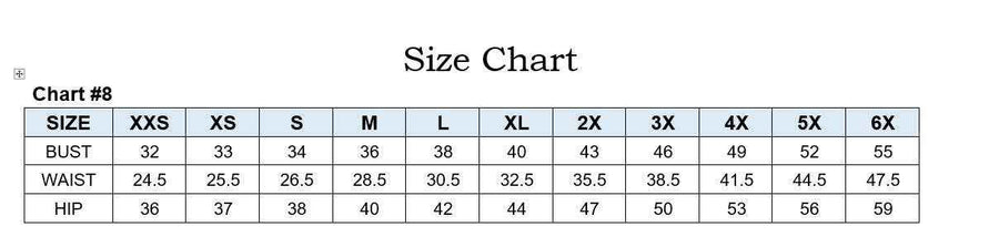 Size chart for fitted satin gowns, listing bust, waist, and hip measurements from XXS to 6X for accurate dress fitting.