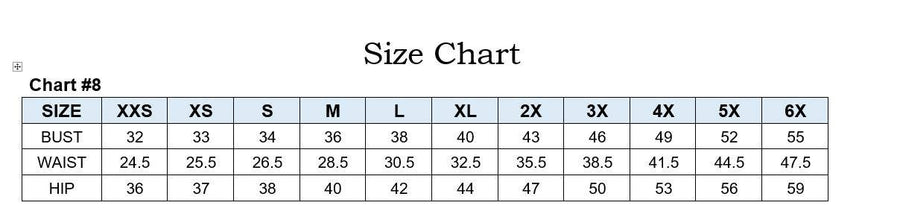 Size chart for fitted satin gown with embellished bodice in rose, showing bust, waist, and hip measurements from XXS to 6X.