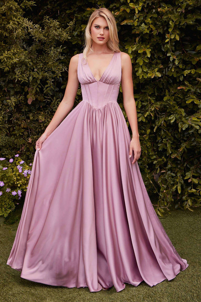 Dusty rose A-line satin dress with deep V-neck and corset bodice, ideal for bridesmaids or prom nights with a romantic touch.