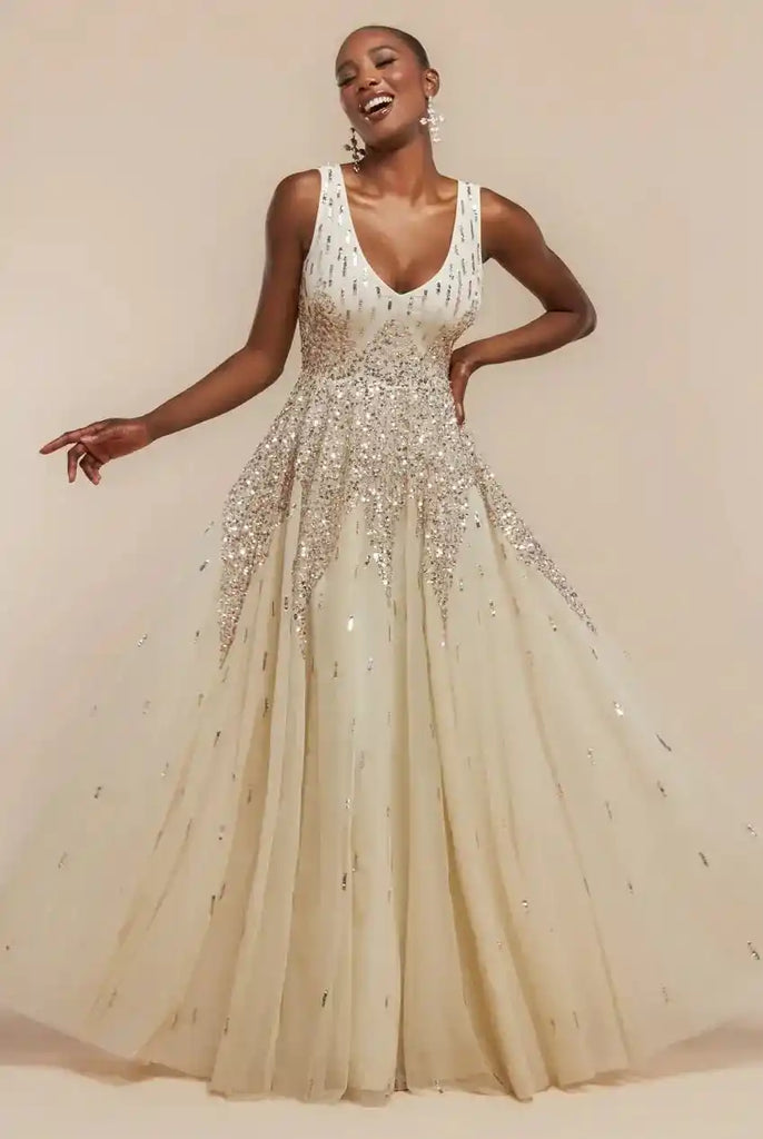 Goddiva Sequin Ombre Maxi Dress in blush pink with sleeveless A-line silhouette and hand-embellished sequins, ideal for evening or formal events.