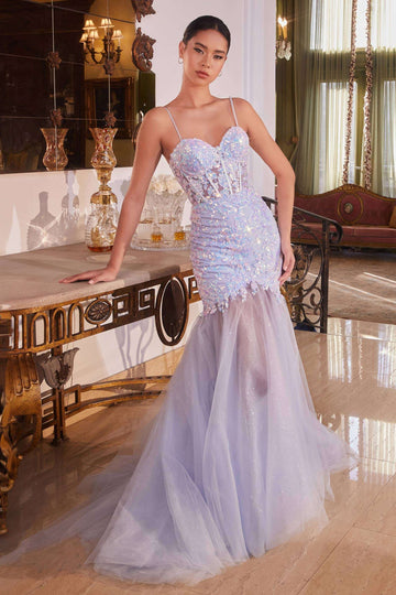 La Divine Mermaid Gown in light blue with floral sequins, sheer corset bodice, and glitter tulle skirt. Ideal for prom or red carpet events.