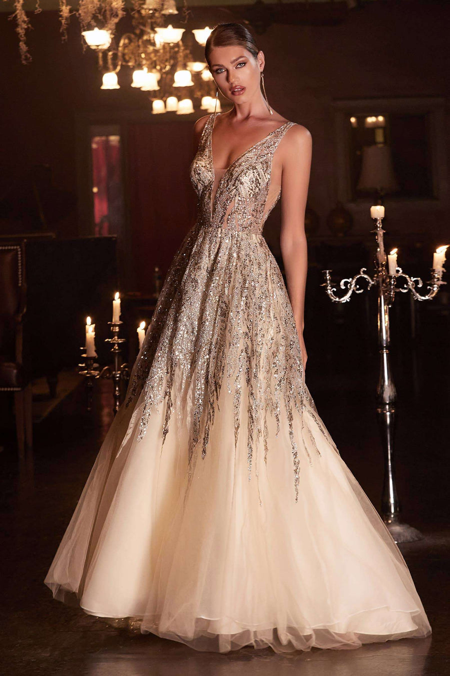 Ladivine Ombre Shimmer Ball Gown C135 with plunging neckline, glitter bead embellishments, and layered tulle skirt for prom or gala events.