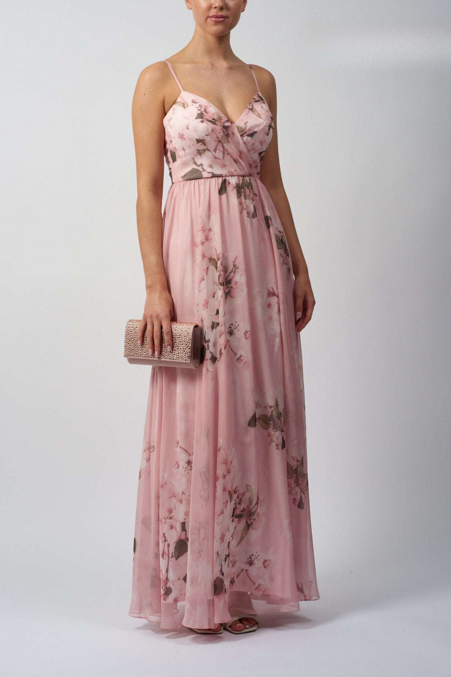 Chiffon Floral Dress - Summer Floral Outfit with V-neck and pleated bodice in apricot pink, ideal for weddings or formal events.