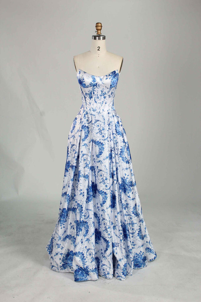 Jessica Stuart Darcet Floral Prom Gown in blue and white chiffon with strapless bodice and rhinestone accents, perfect for elegant occasions.