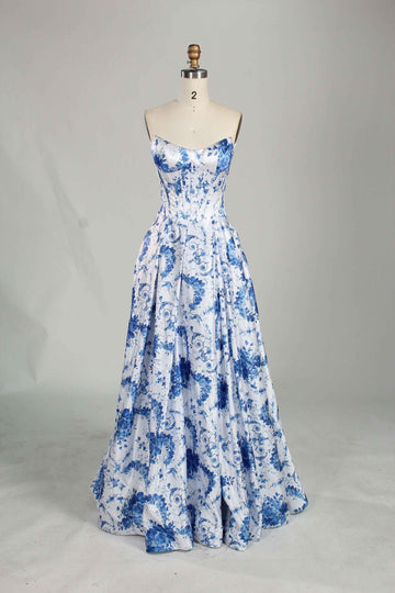 Jessica Stuart Darcet Floral Prom Gown in blue and white chiffon with strapless bodice and rhinestone accents, perfect for elegant occasions.