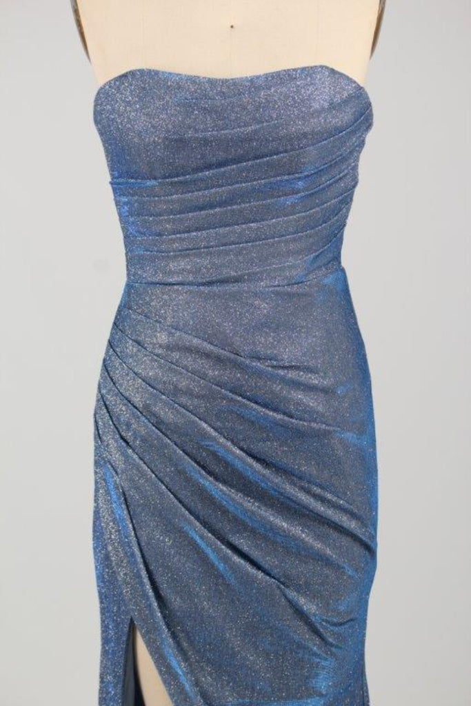 Close up of pleating details on bodice and skirt of Luna dusty blue dress