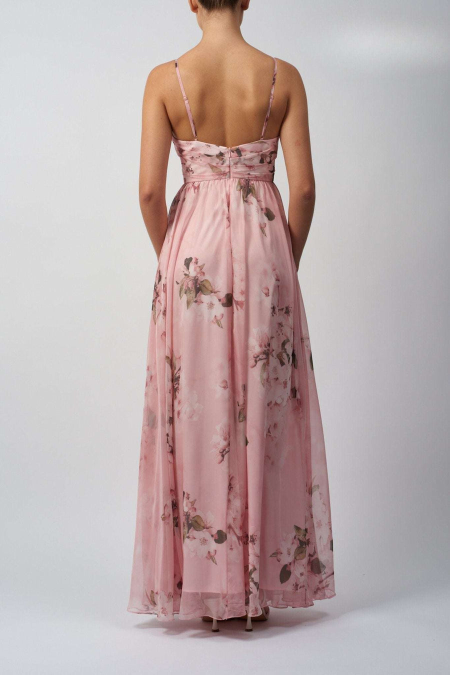 Back view of Apricot Floral Chiffon Dress MC11321 featuring a low back and zip closure, perfect for summer weddings or prom.