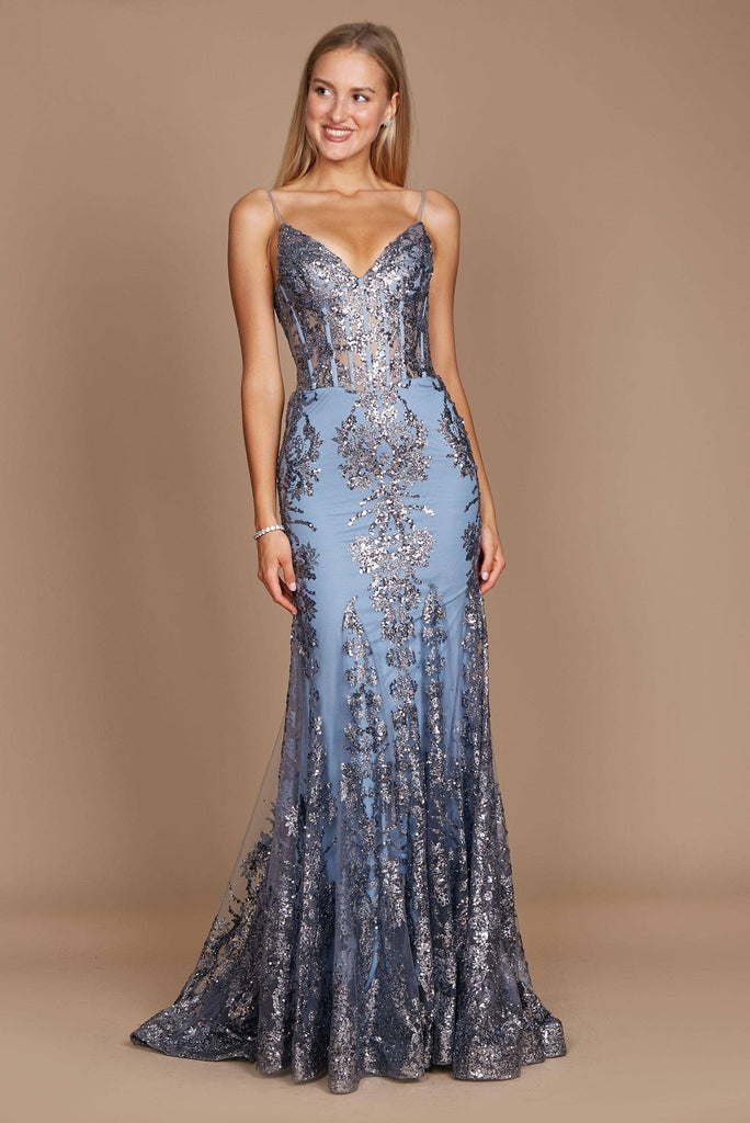 Platinum Prom Dress - DD1238 in silver-blue with beaded lace corset top and fitted mermaid silhouette, perfect for formal prom events.