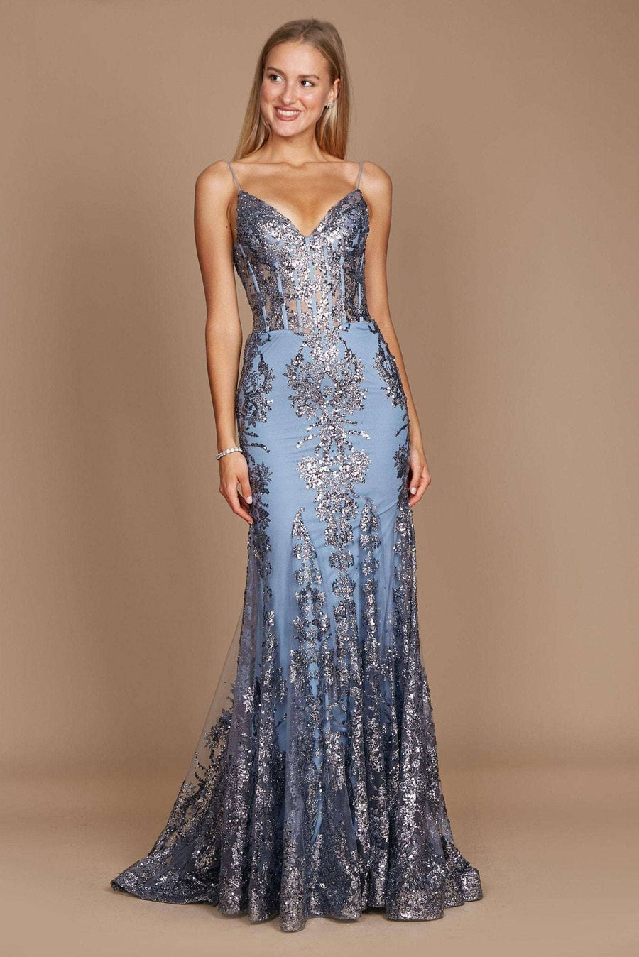 Platinum Prom Dress - DD1238 in silver-blue with beaded lace corset top and fitted mermaid silhouette, perfect for formal prom events.