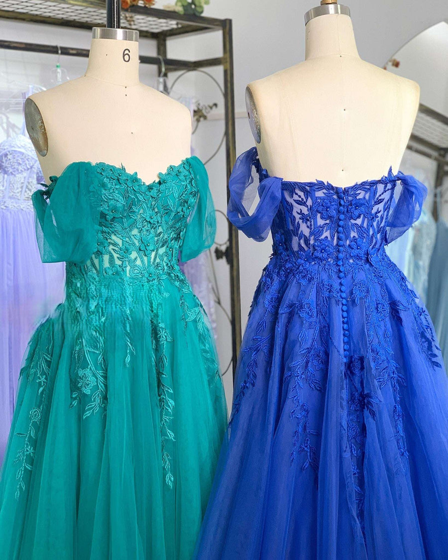 Royal Blue YLONA Corset Dress with lace tulle, 3D floral embroidery, and detachable off-shoulder straps, ideal for prom or evening events.