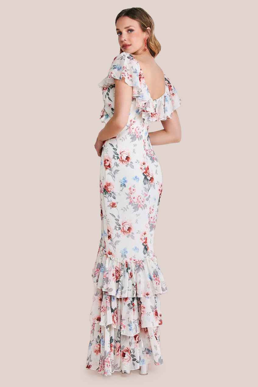 Goddiva Cream Floral Chiffon Dress Style DR3750 with ruffle sleeves and tiered maxi hem, ideal for weddings and summer parties.