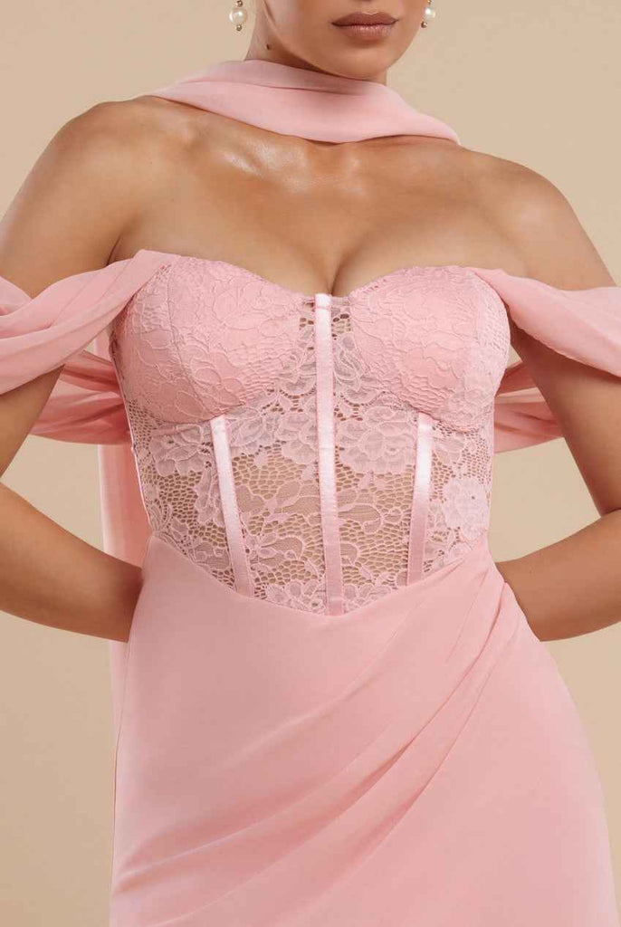 Scalloped Lace Maxi Dress by Goddiva in blush pink featuring a sheer chiffon winged corset bodice, ideal for weddings or formal events.