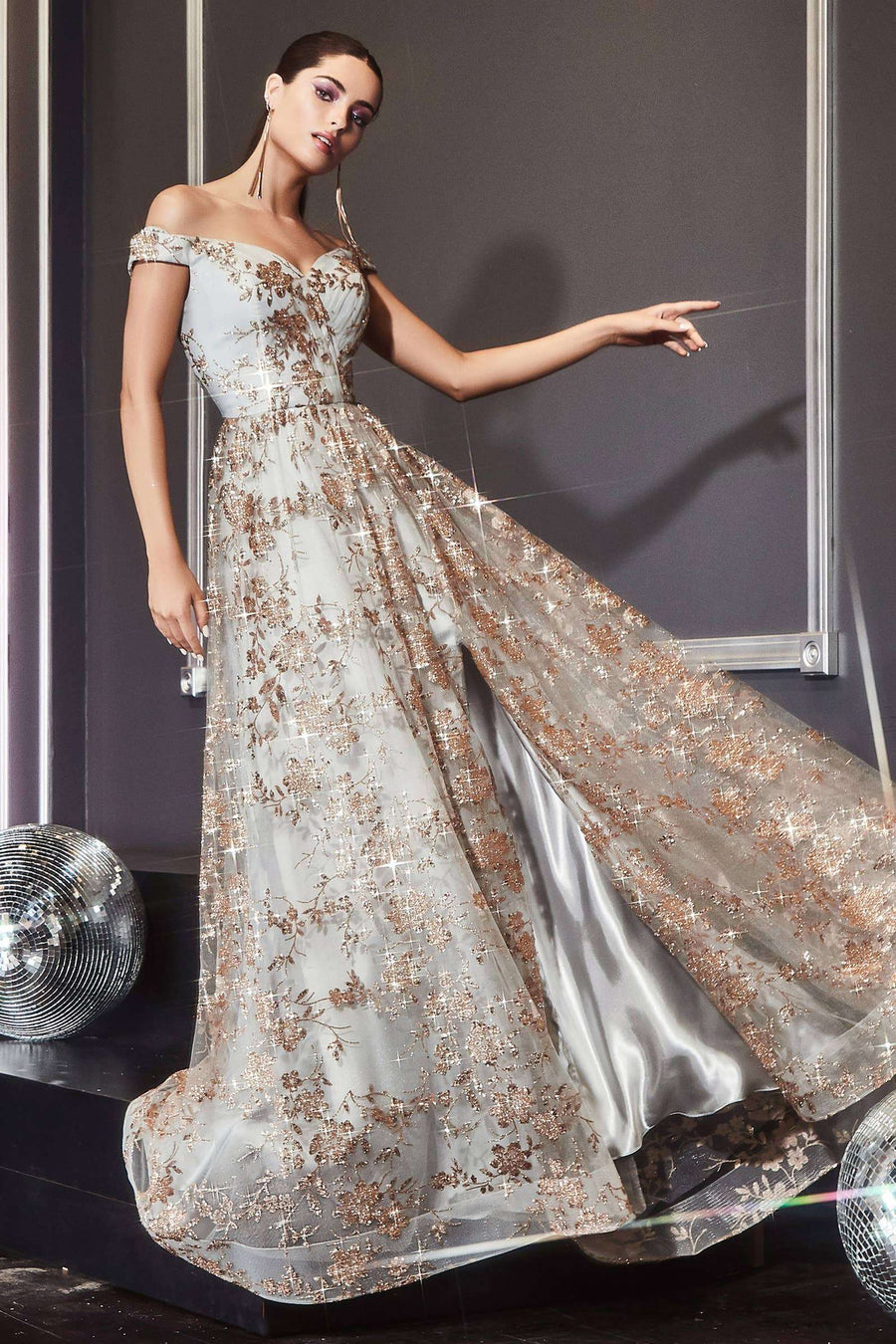 Elegant Ladivine CB069 off shoulder gold floral print ball gown with shimmering overlay and thigh-high slit, ideal for prom or evening wear.