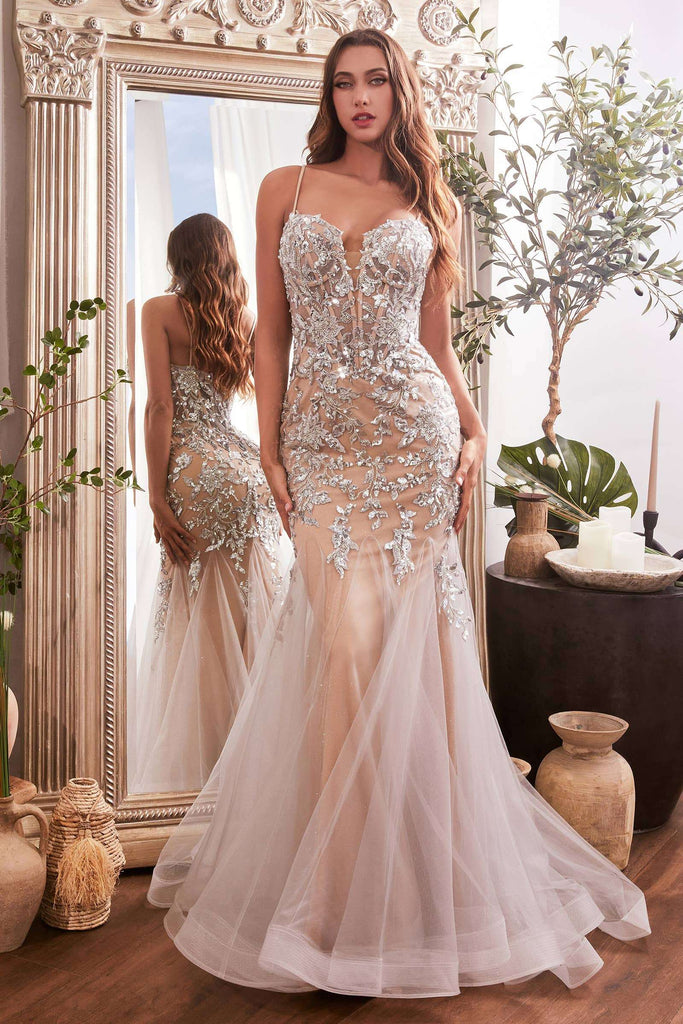 Champagne-toned Sequin Floral Mermaid Gown featuring silver floral appliqué and plunging neckline, perfect for formal evening wear.