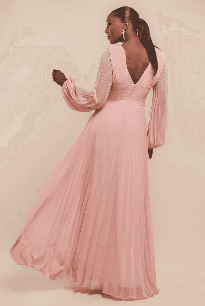Goddiva Balloon Sleeve Chiffon Maxi Dress in Blush Pink - Back View