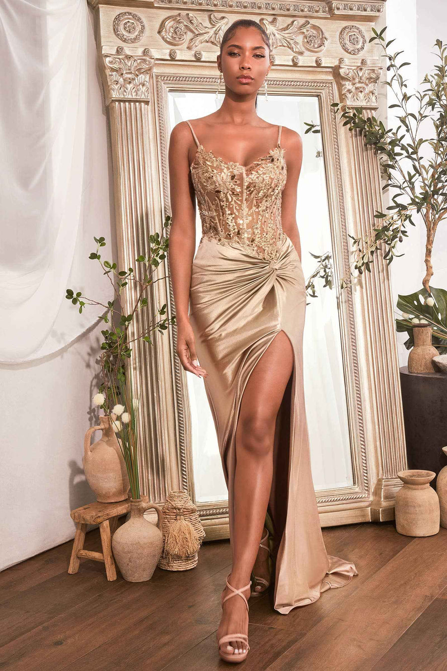 FITTED SATIN GOWN WITH EMBELLISHED BODICE - Robin Blue - CD0176 featuring a gold corset bodice, high slit, and draped satin skirt, perfect for prom or red carpet events.