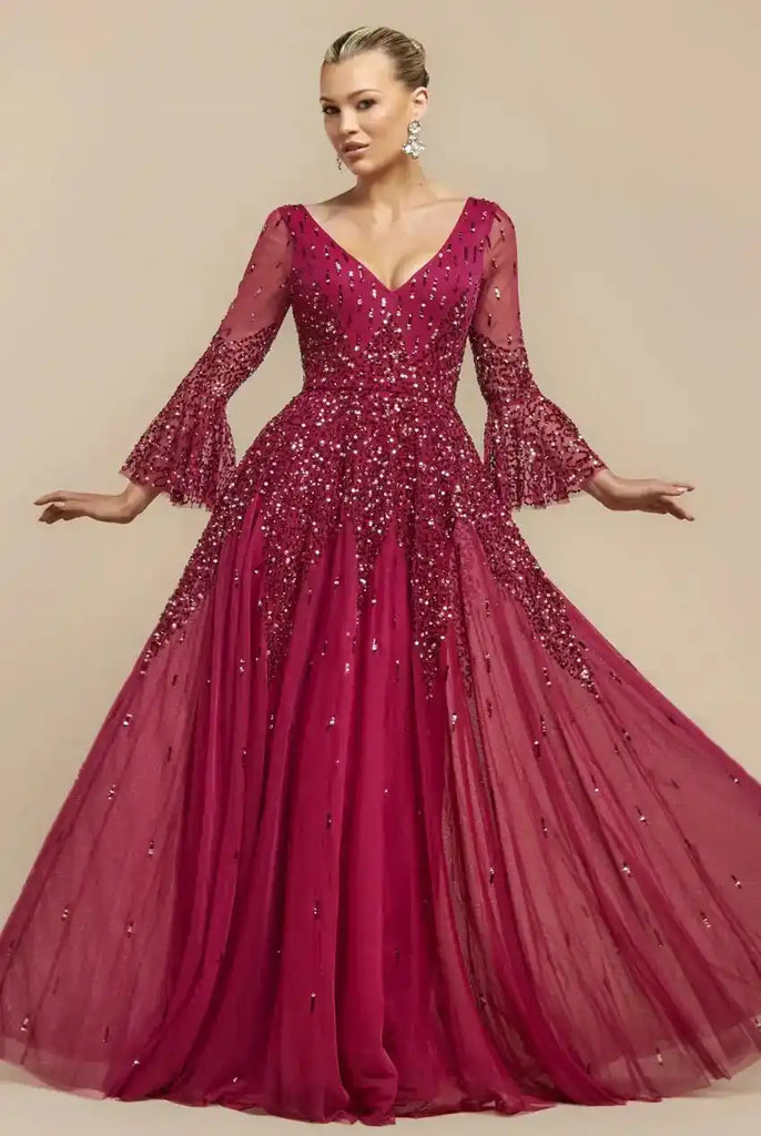 Goddiva DR4654 Sequin A-Line Bell Sleeve Maxi Dress in burgandy