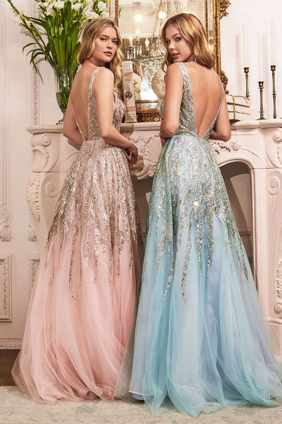 Ladivine Ombre Shimmer Ball Gown C135 in blush and blue with plunging neckline, glitter embellishments, and layered tulle skirt for prom or gala.