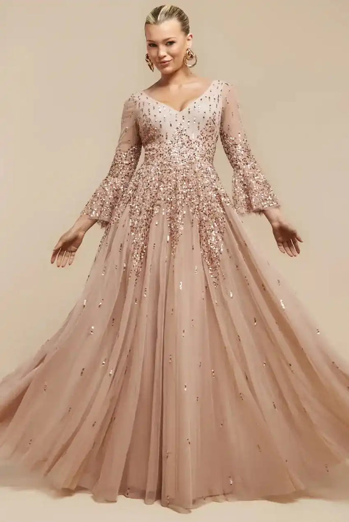 Goddiva Bell Sleeve Gown - Burgundy Sequin A-Line with V-neckline and flowing tulle skirt, ideal for weddings or formal evening events.