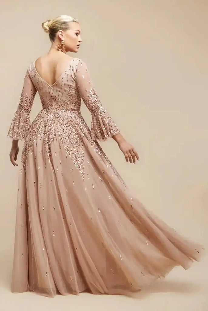 Goddiva Bell Sleeve Gown - Burgundy Sequin A-Line with V-neckline and flared bell sleeves, featuring a flowing full-length skirt ideal for weddings or formal events.