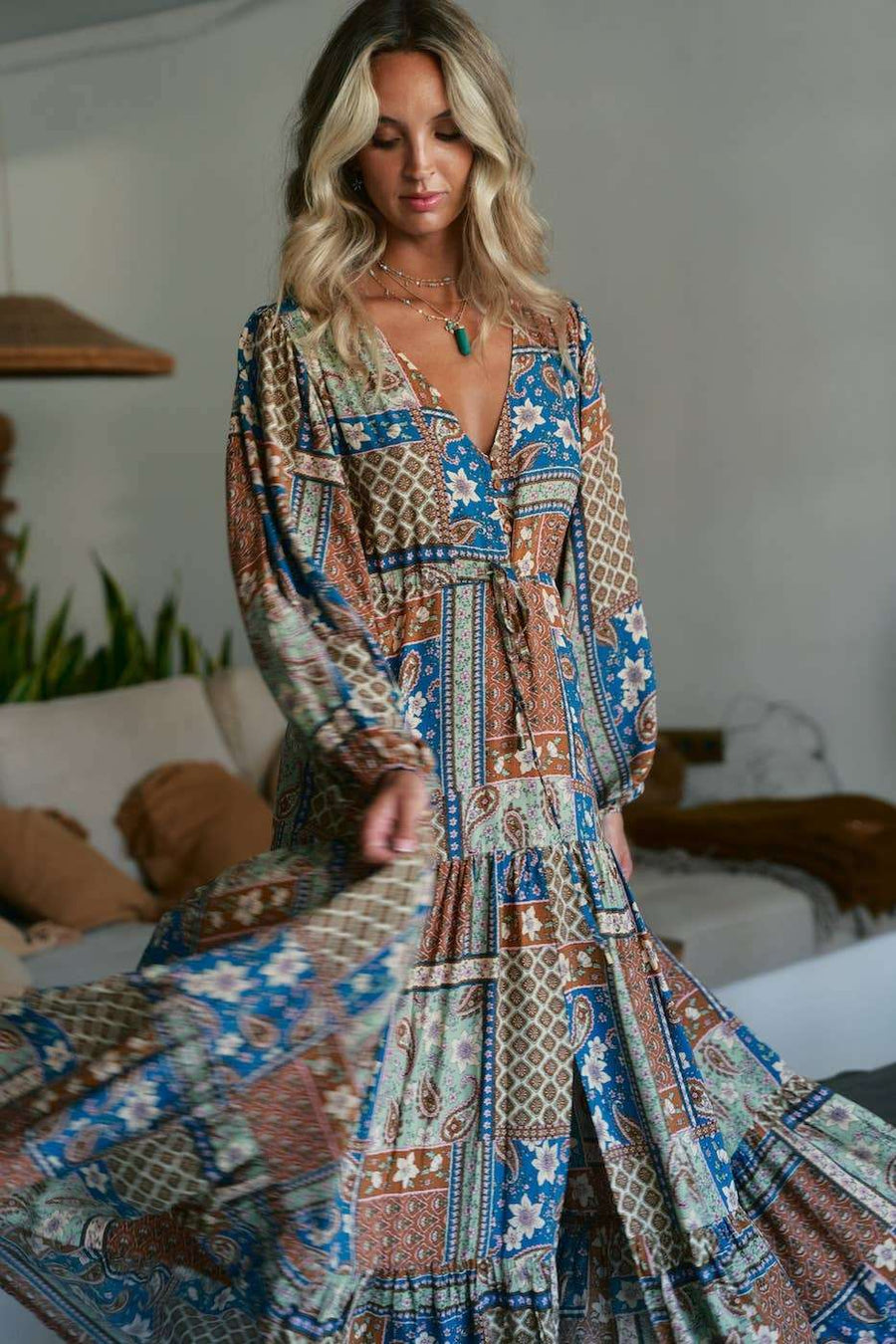 Teresa Maxi Dress - Izabelle Print in 100% rayon with bohemian brown and blue patchwork design. Flowy silhouette ideal for summer elegance.