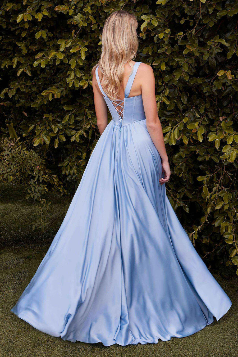 Back view of light blue A-line satin dress with lace-up corset and flowing skirt, perfect for prom or wedding parties.