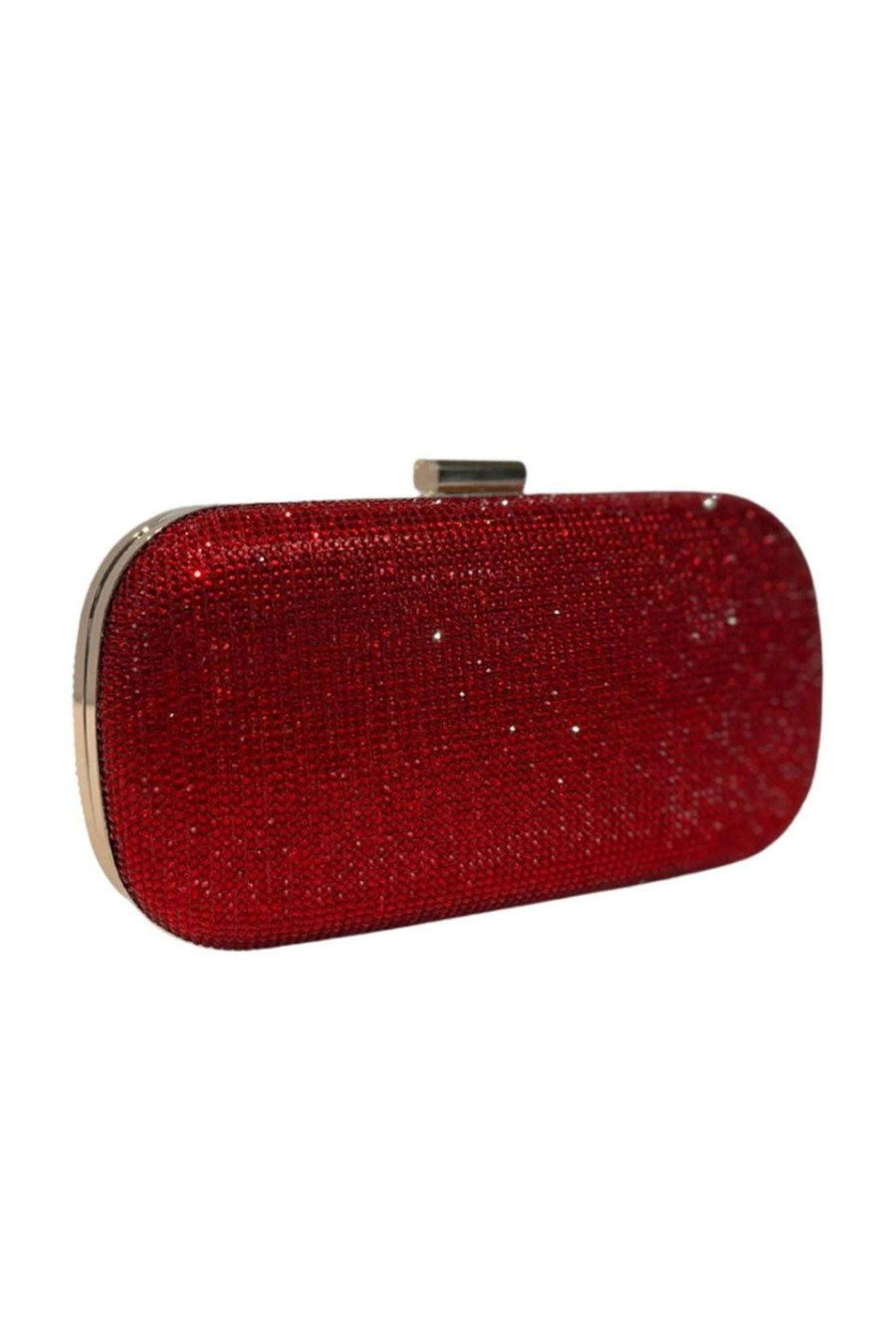 red glitter clutch bag with gold trimming