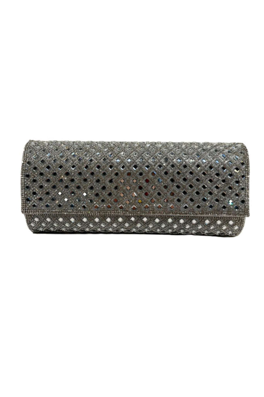 Clutch Bag CB6222 - Silver Patterned features a shimmering lattice design with rhinestone accents, ideal for evening wear or formal events.