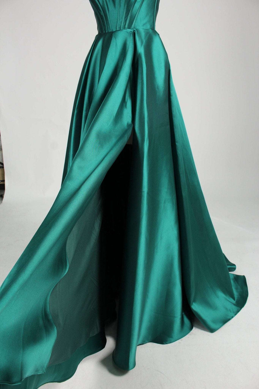 Carmen formal dress emerald satin full skirt detail