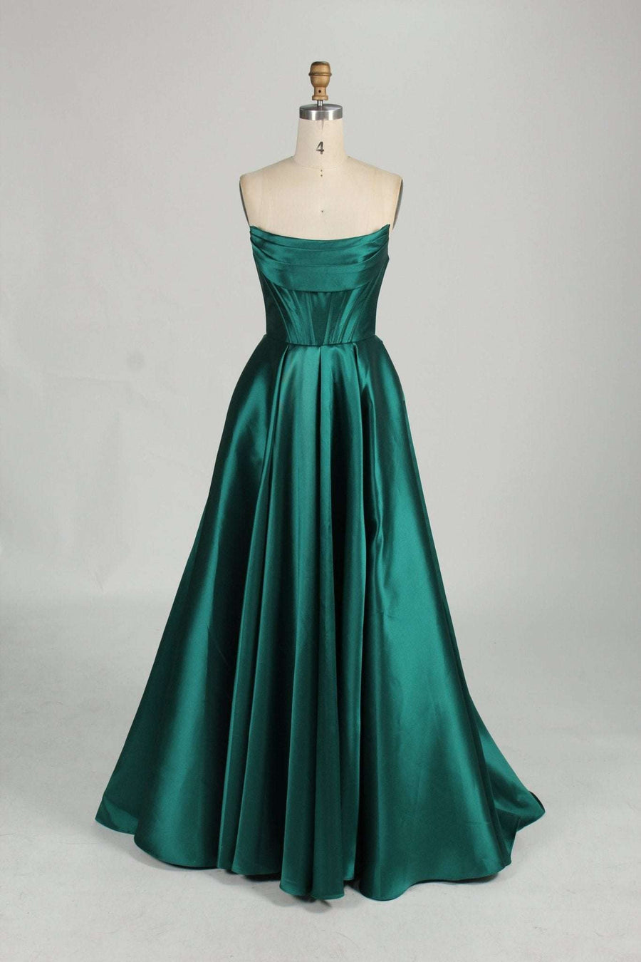 Carmen emerald green satin ball gown front view with draped bodice