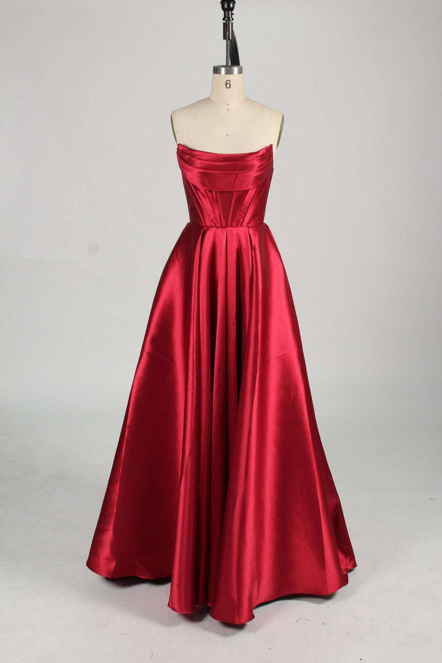 Carmen wine red satin ball gown front view with draped bodice