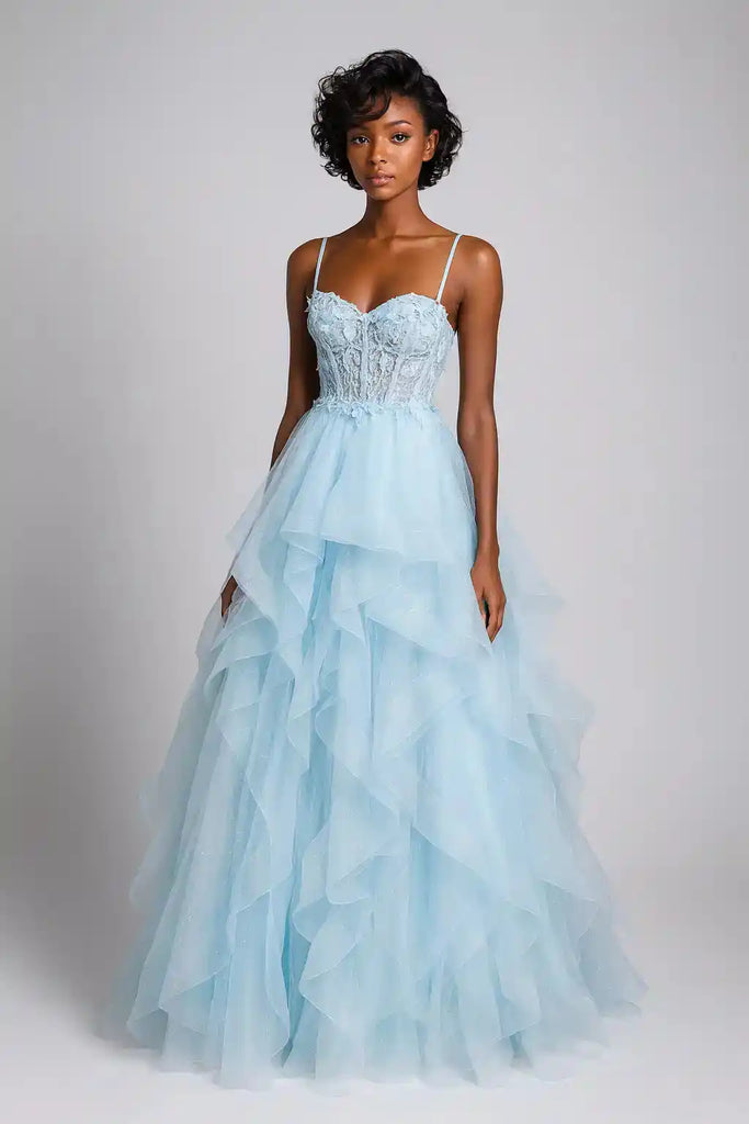 Jessica Stuart Sacha 3D Flowers Tiered Ruffled Sage Ball Gown 33140B featuring a floral bodice and layered tulle skirt in soft sage blue.