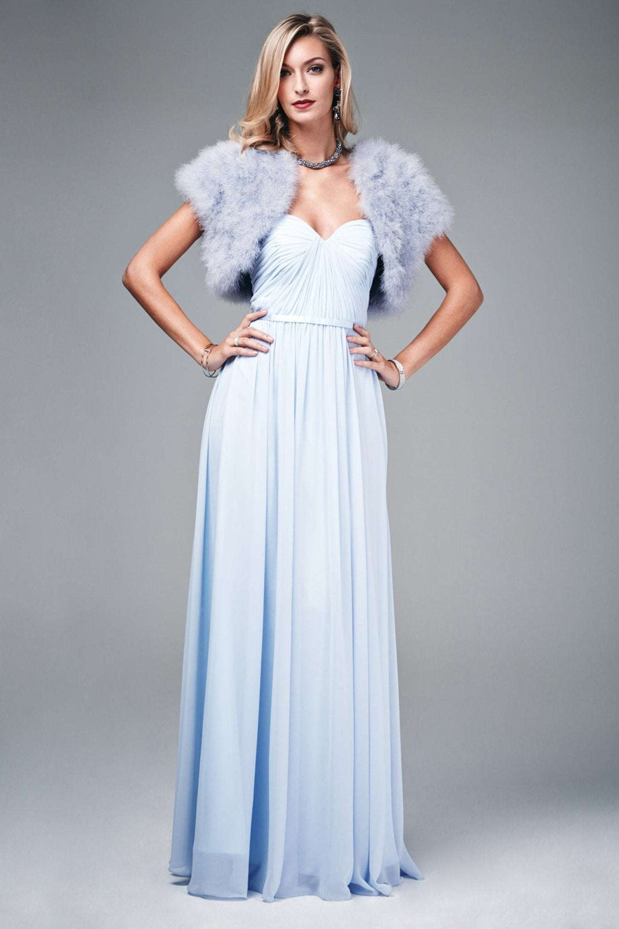 Full-length view of light blue Feather Shrug FK042 by Mascara London with a matching gown, great for formal occasions.