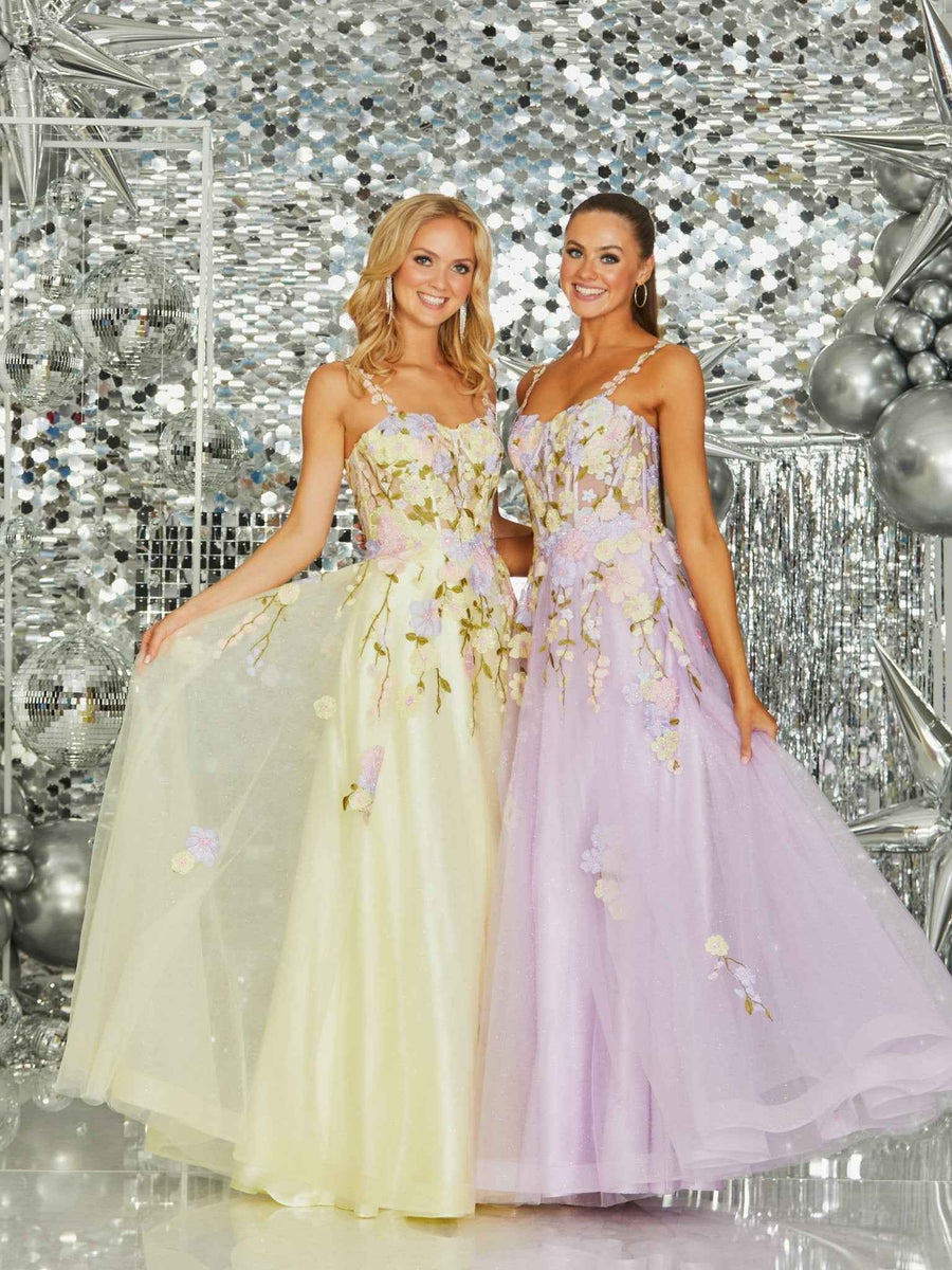 Tiffanys Flora Lilac and Yellow Summer Ballgowns with floral detailing, styled for formal occasions or alternative wedding dresses.