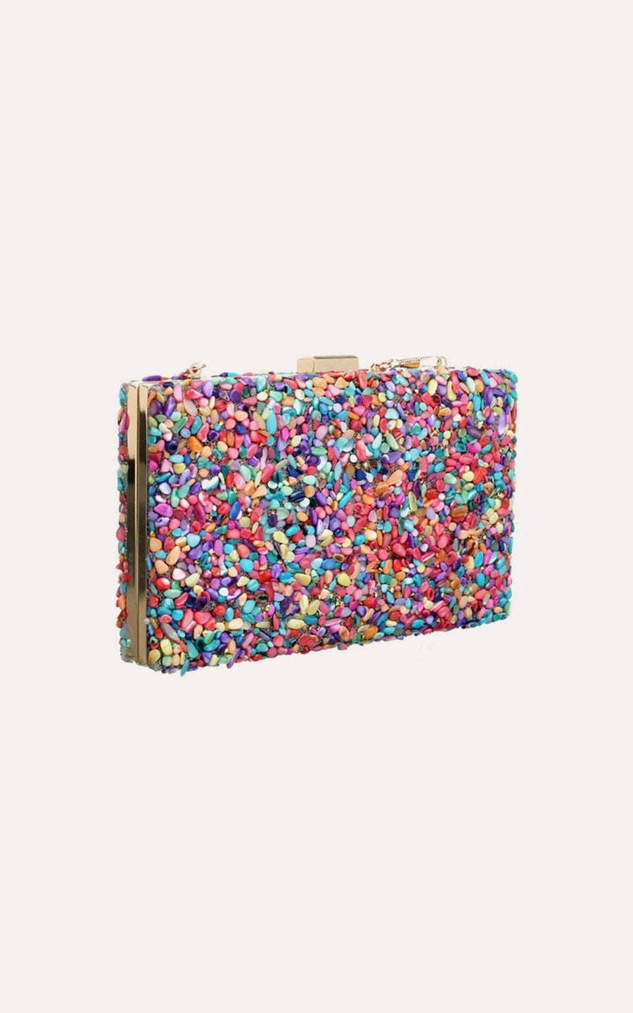 Stone Evening Bag - Colorful Multi features a rectangular clutch covered in vibrant multicolor stones with gold trim, ideal for luxury night events.