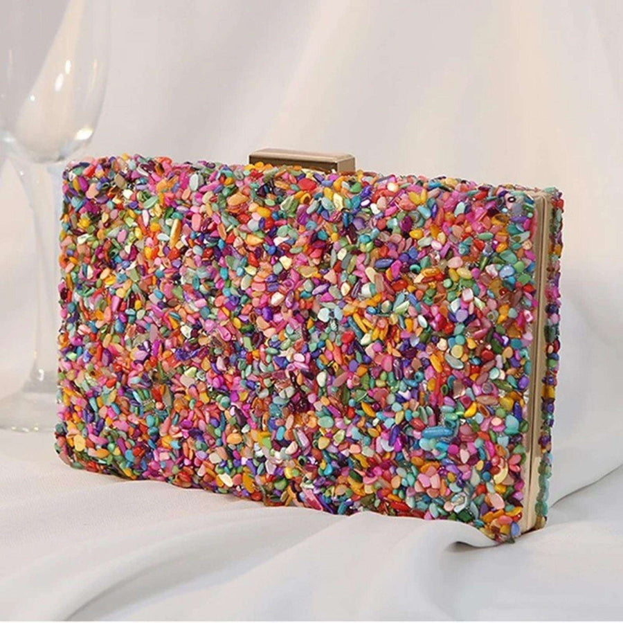 Stone Evening Bag - Colorful Multi clutch with vibrant multicolored stones, perfect for luxury evening wear or party accessories.