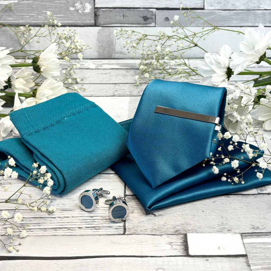 Peacock Wedding Tie gift set with matching pocket square, socks, cufflinks, and tie bar, perfect for grooms and wedding parties.