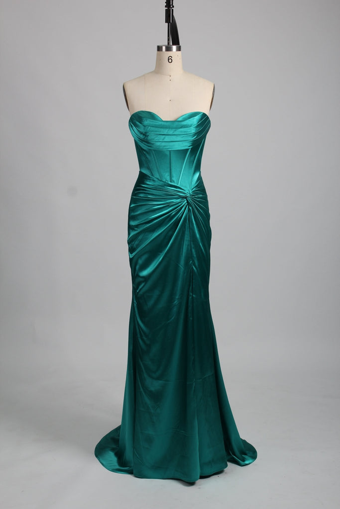 Kiya strapless teal satin prom dress with fitted silhouette and ruched detailing at the waist. Elegant floor-length gown ideal for Prom 2024.