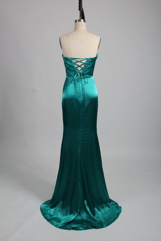 Kiya Strapless Dress - Teal Prom Satin with lace-up back and mermaid silhouette. Fitted satin gown perfect for Prom 2024 or red carpet events.