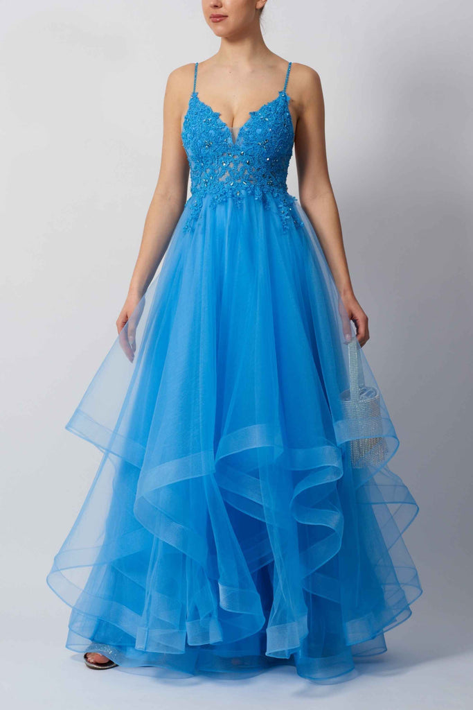 Bright blue Mascara MC110117 ballgown with floral lace bodice, sparkle straps, and flowing tiered net tulle skirt. Stunning for prom or formal events.