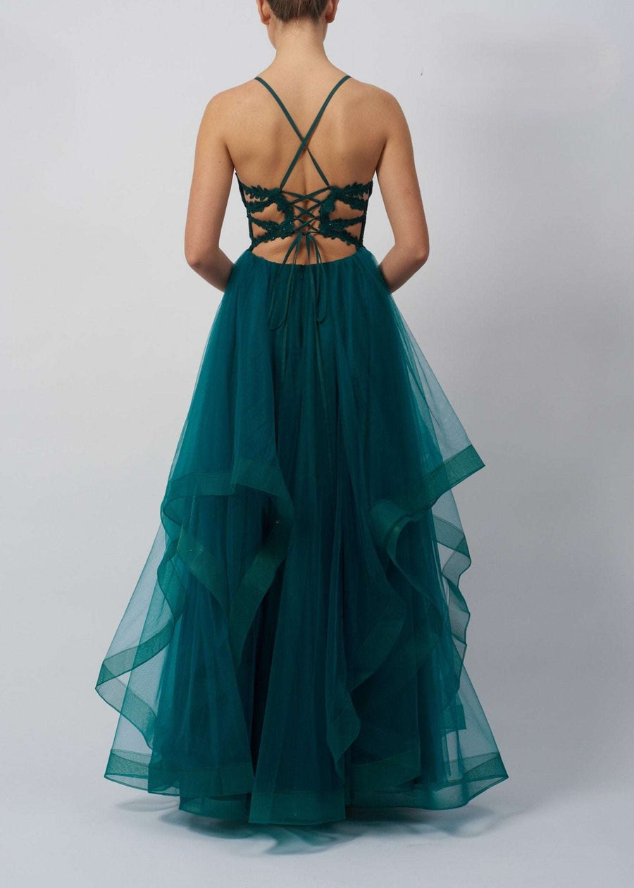 Mascara MC110125 Tulle Ballgown with layered skirt and criss cross back, ideal for prom or black tie events.