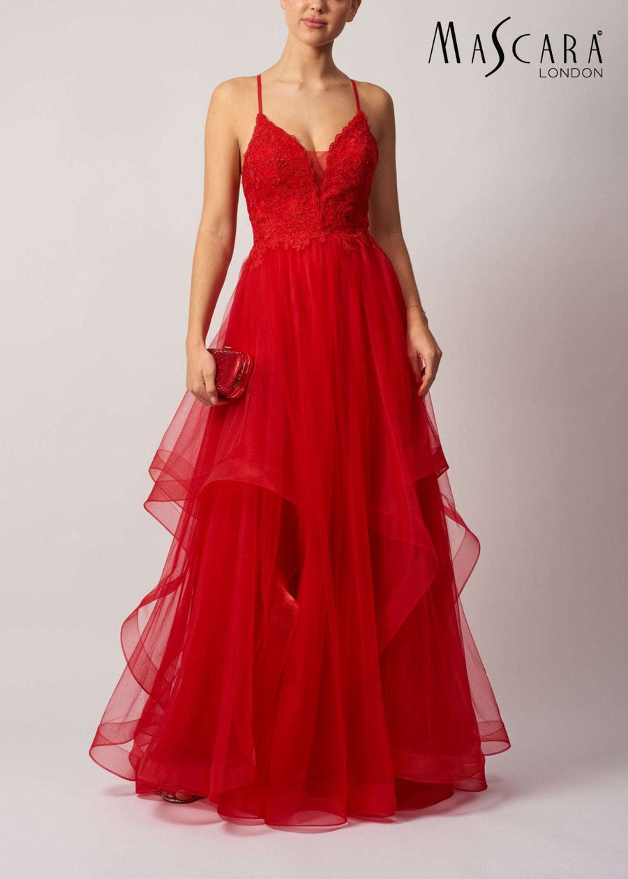 Mascara MC110125 Ballgown in vibrant red tulle with layered skirt and criss cross back, ideal for prom or black tie gala events.